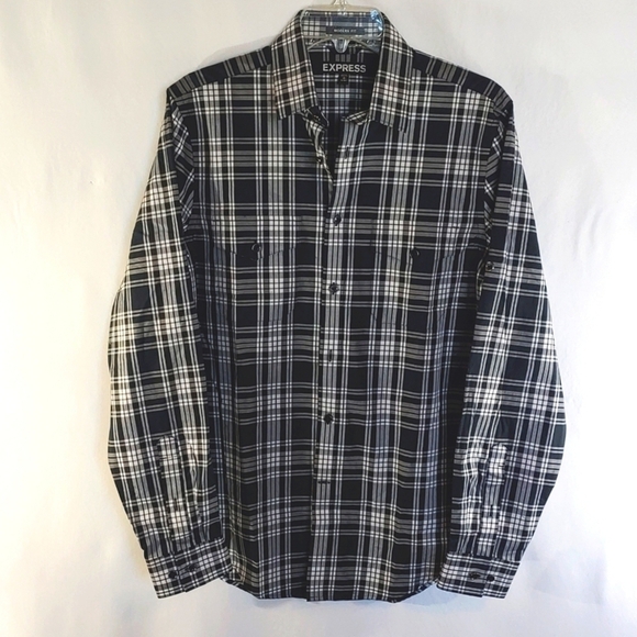 NWOT Men's Express Modern Fit Black White Plaid Button Down Shirt - Size Small - Picture 1 of 6